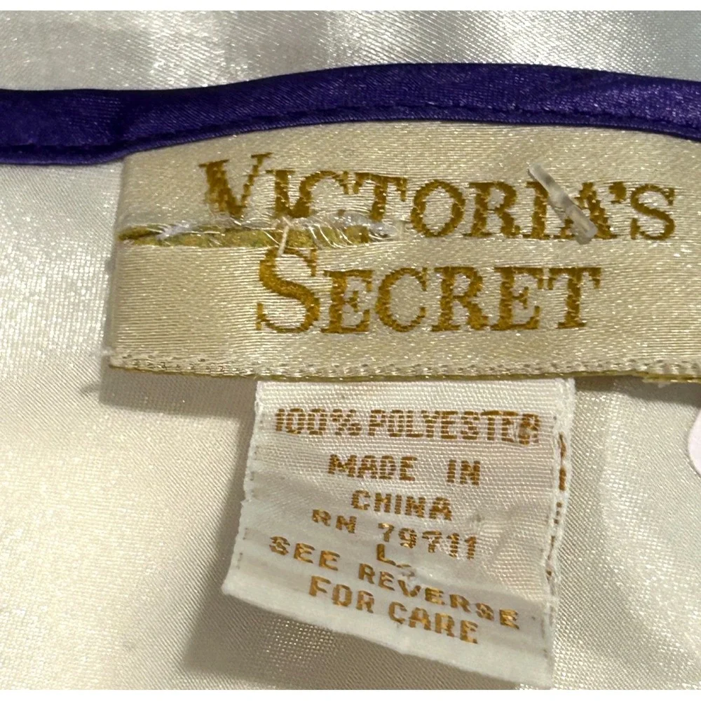 Victoria's Secret VTG 90's Gold Label White Pink Purple Silky Chemise Nightie LG